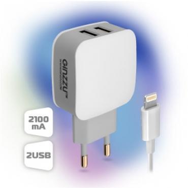 Зарядное устройство сетевое 2x USB, 2.1A, Ginzzu GA-3010UW