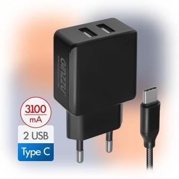 Зарядное устройство сетевое 2x USB, 3.1A, Ginzzu GA-3314UB