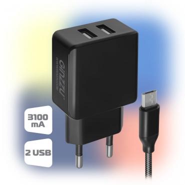 Зарядное устройство сетевое 2x USB, 3.1A, Ginzzu GA-3312UB